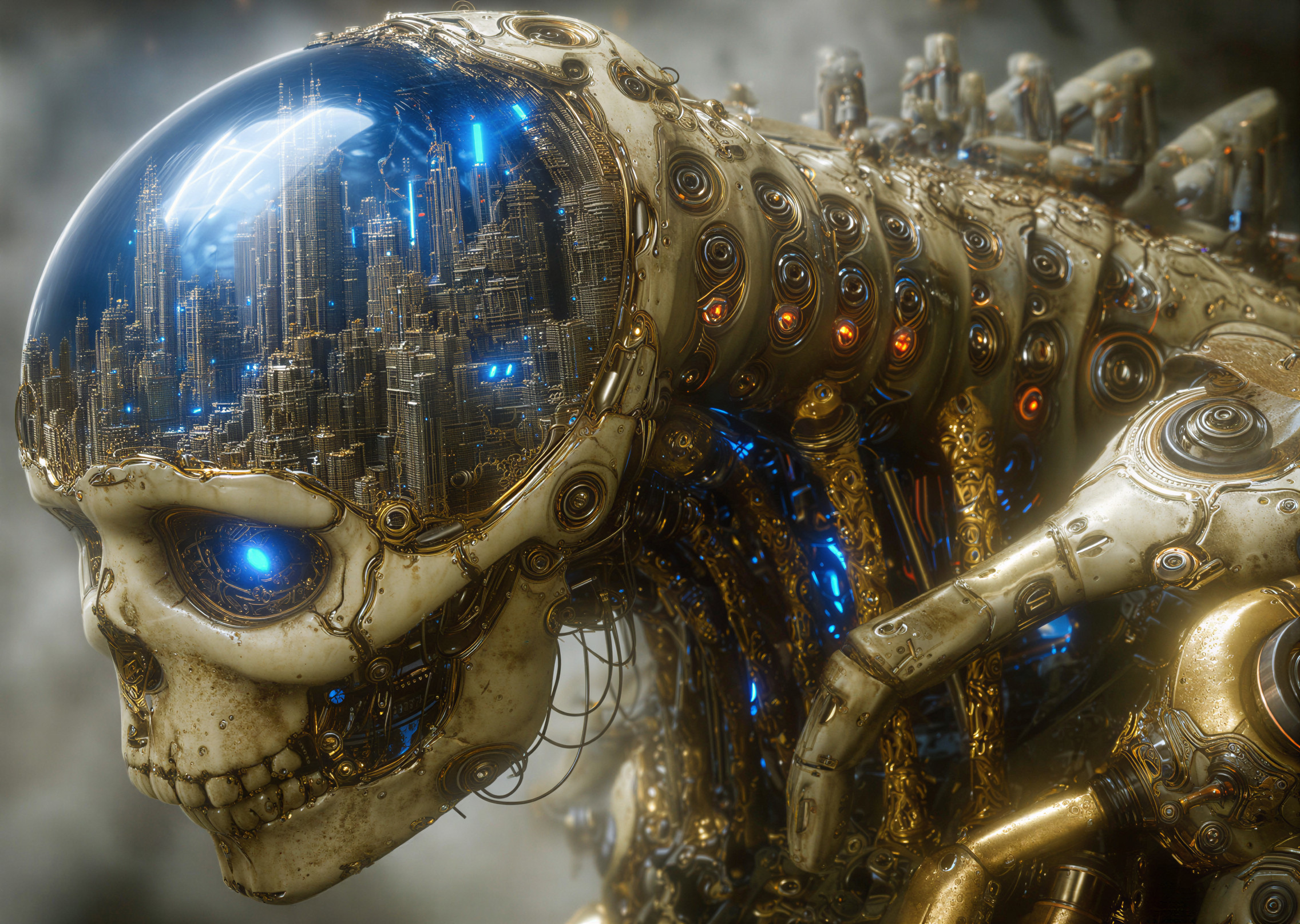 Futuristic robotic skull with detailed cityscape inside