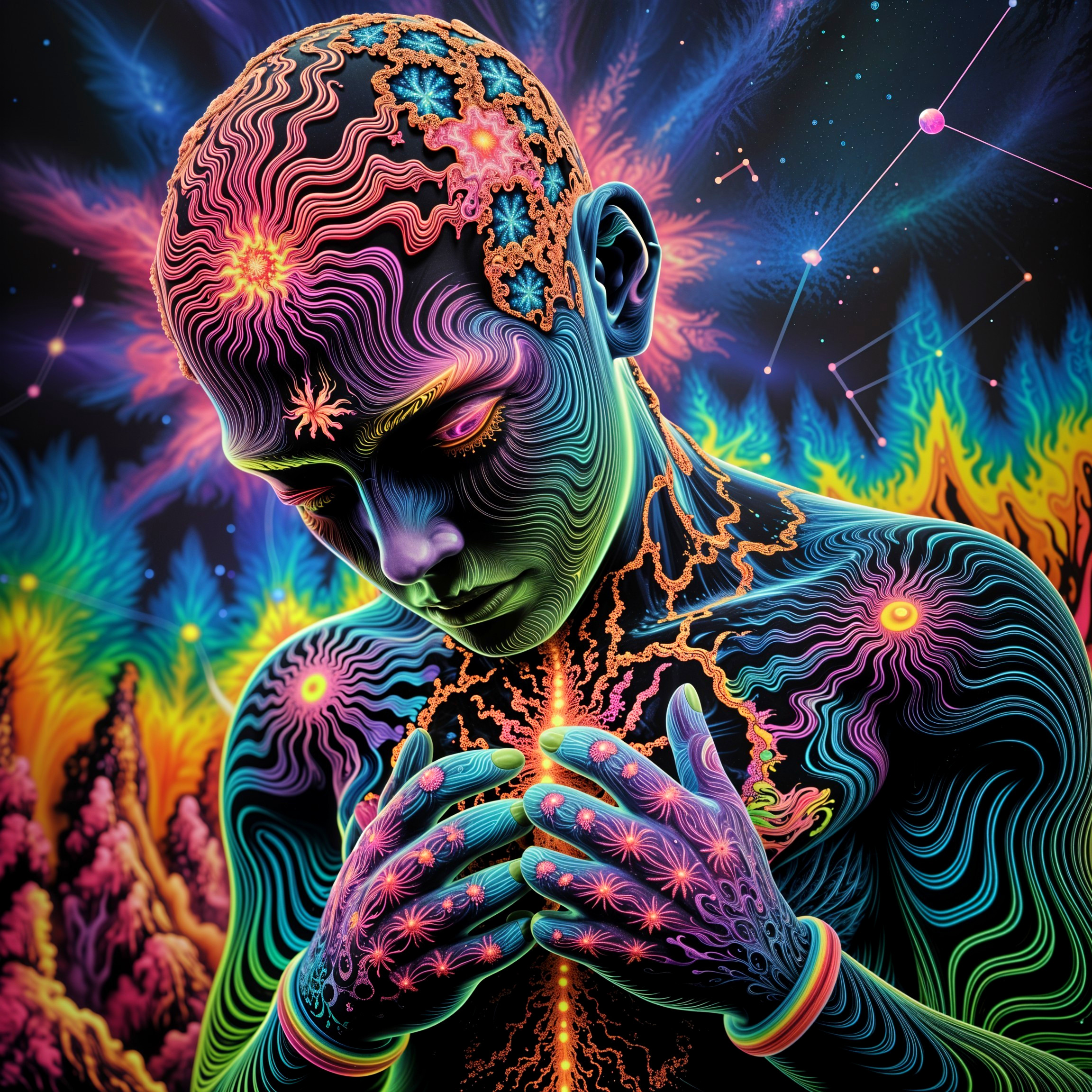 Abstract Human Figure with Cosmic Patterns and Colors