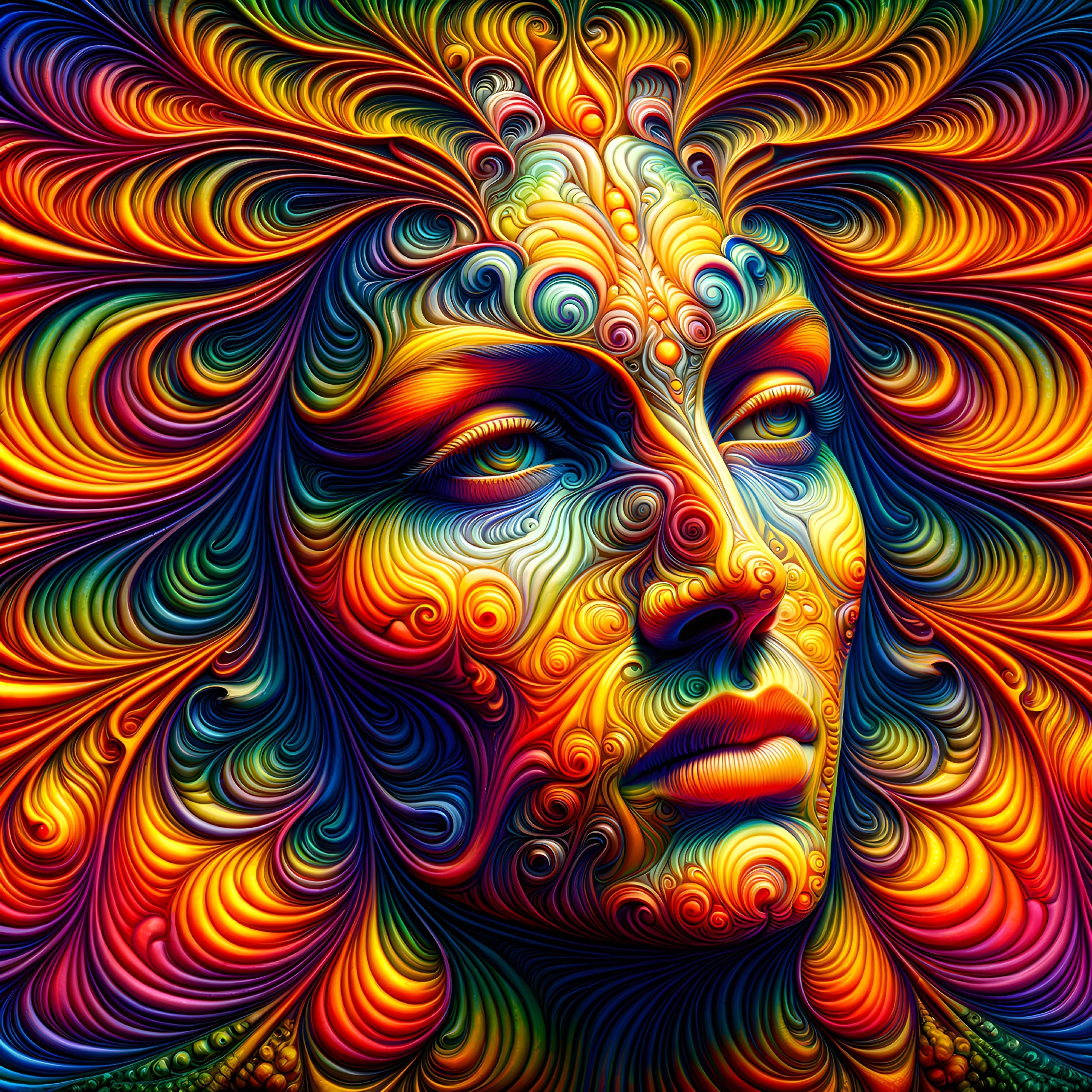 Vibrant Psychedelic Artwork: Woman's Face with Colorful Patterns