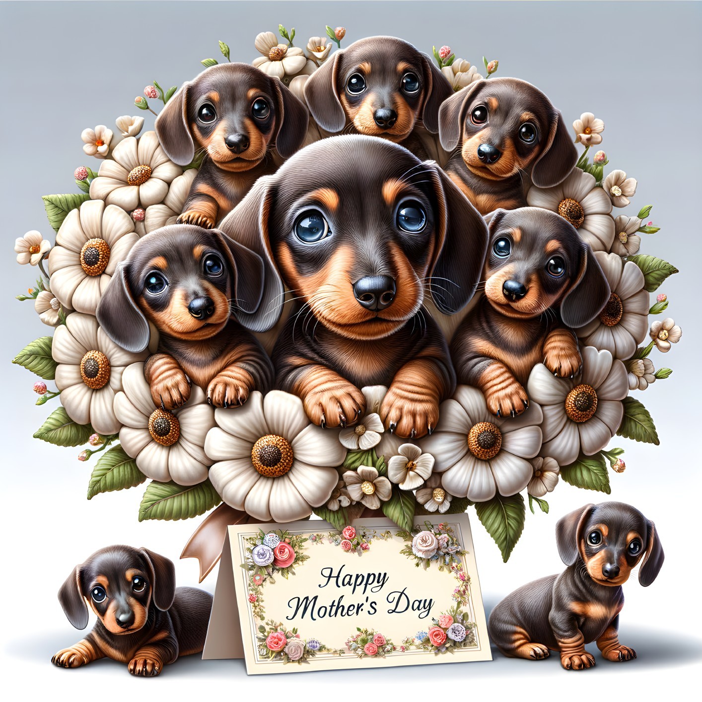 Dachshund Puppies Surrounded by White Flowers for Mother's Day