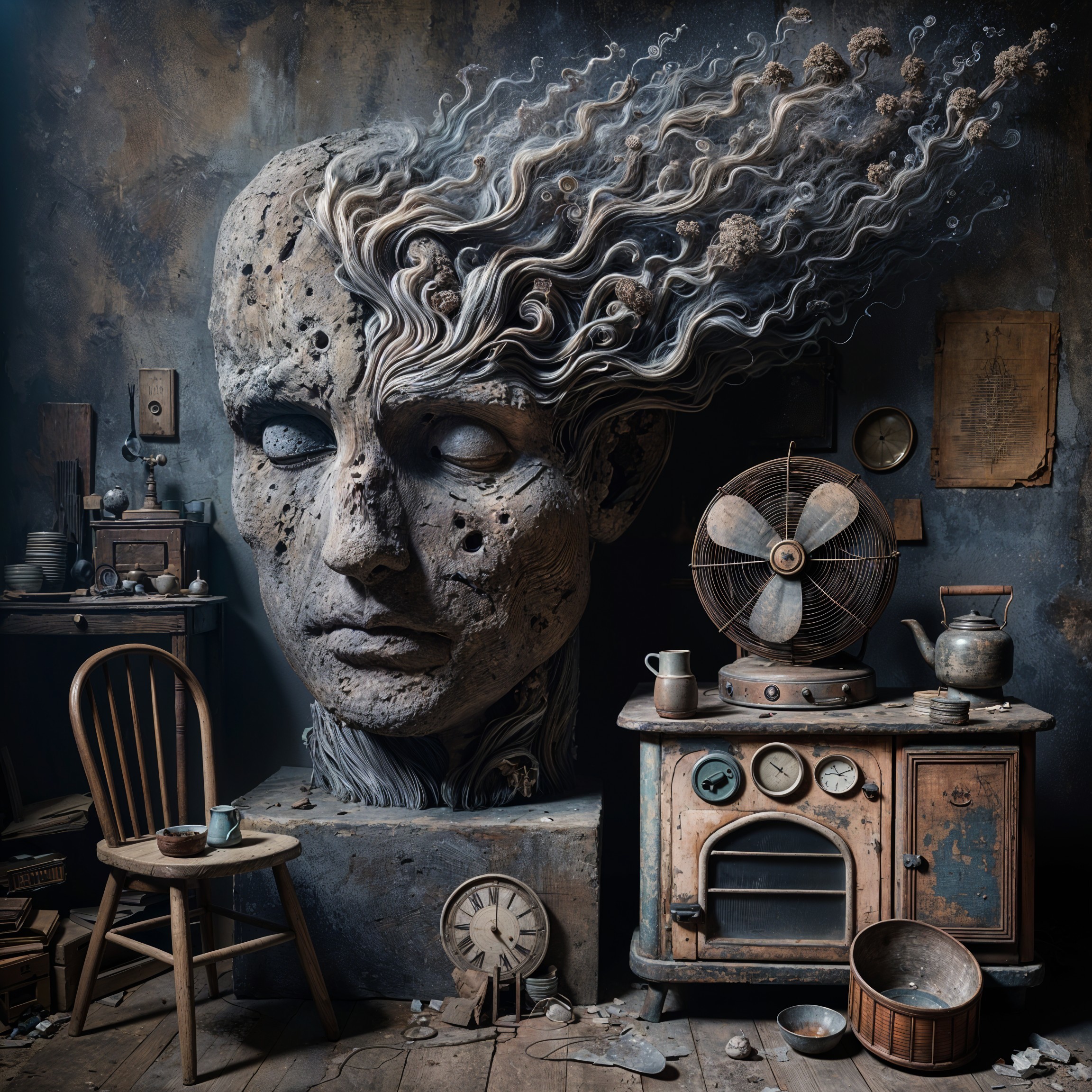Large Weathered Head Sculpture in Eclectic Vintage Room