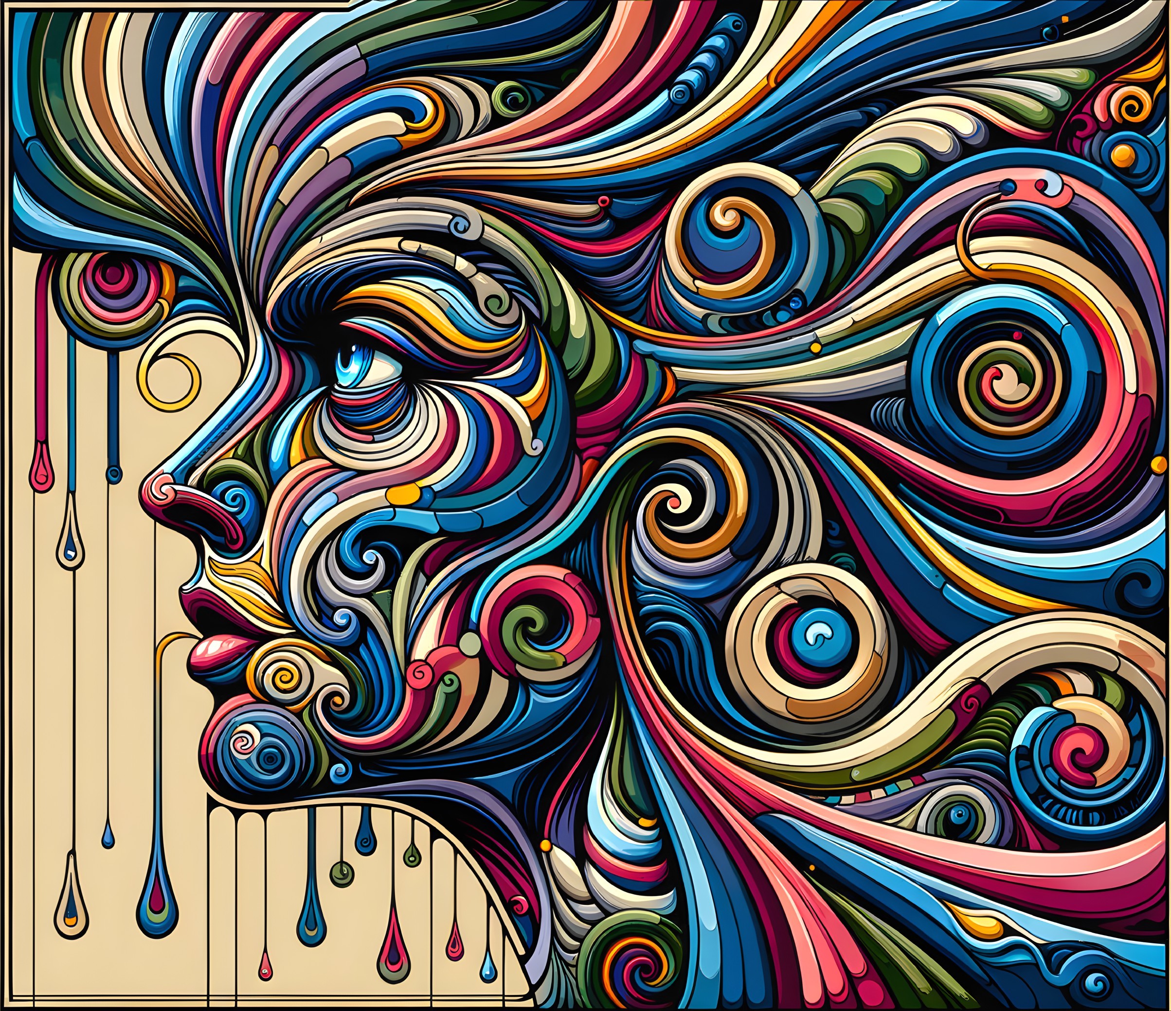 Vibrant abstract illustration of stylized face and swirling patterns