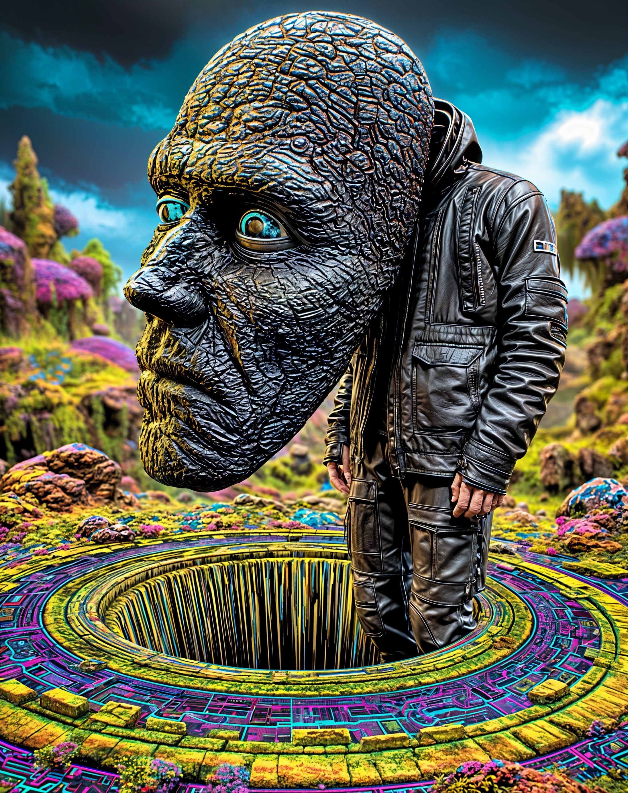 Surreal Landscape with Geometric Pit and Floating Head