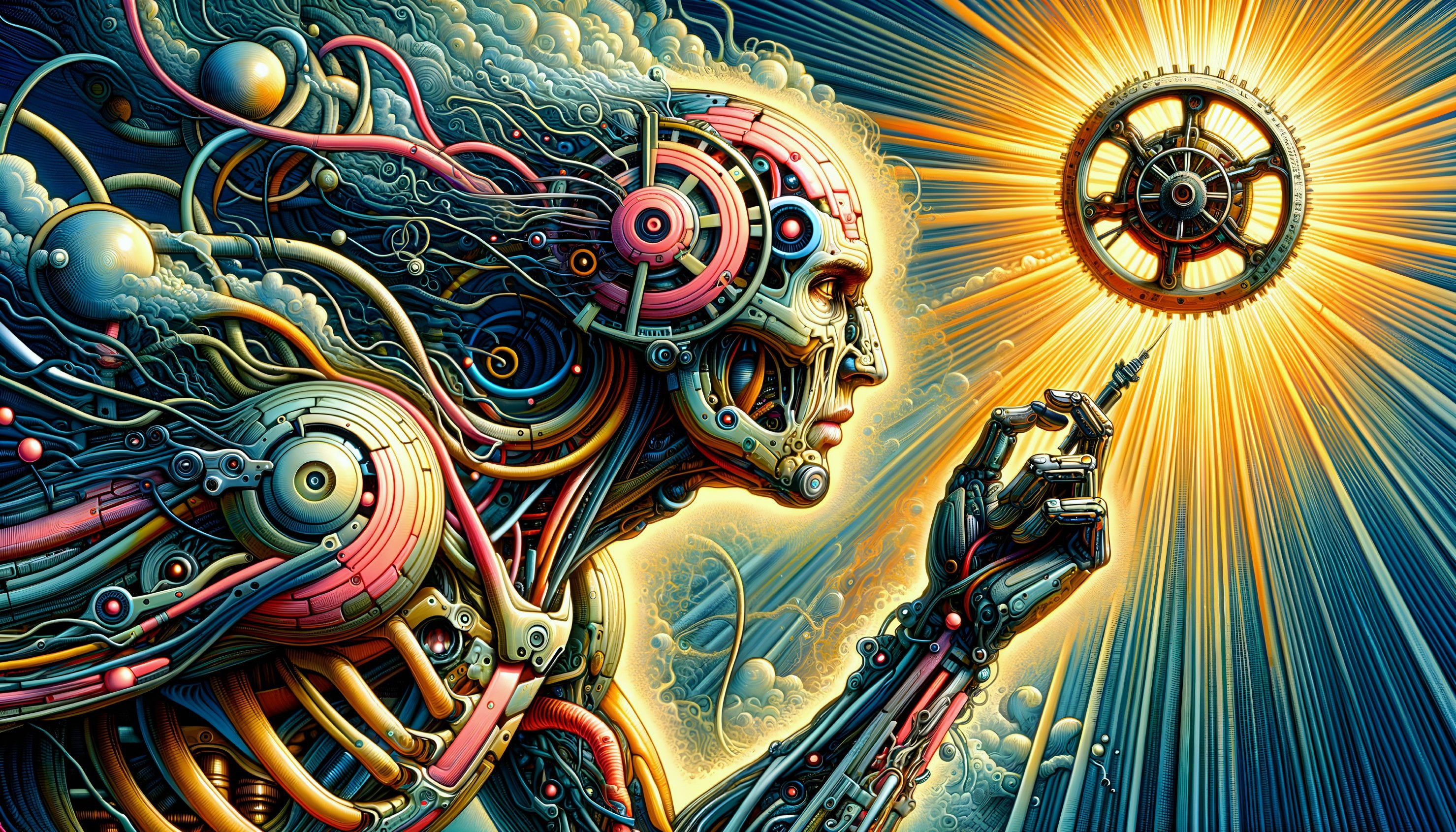 Colorful robot with human-like features and luminous gear in intricate mechanical setting.