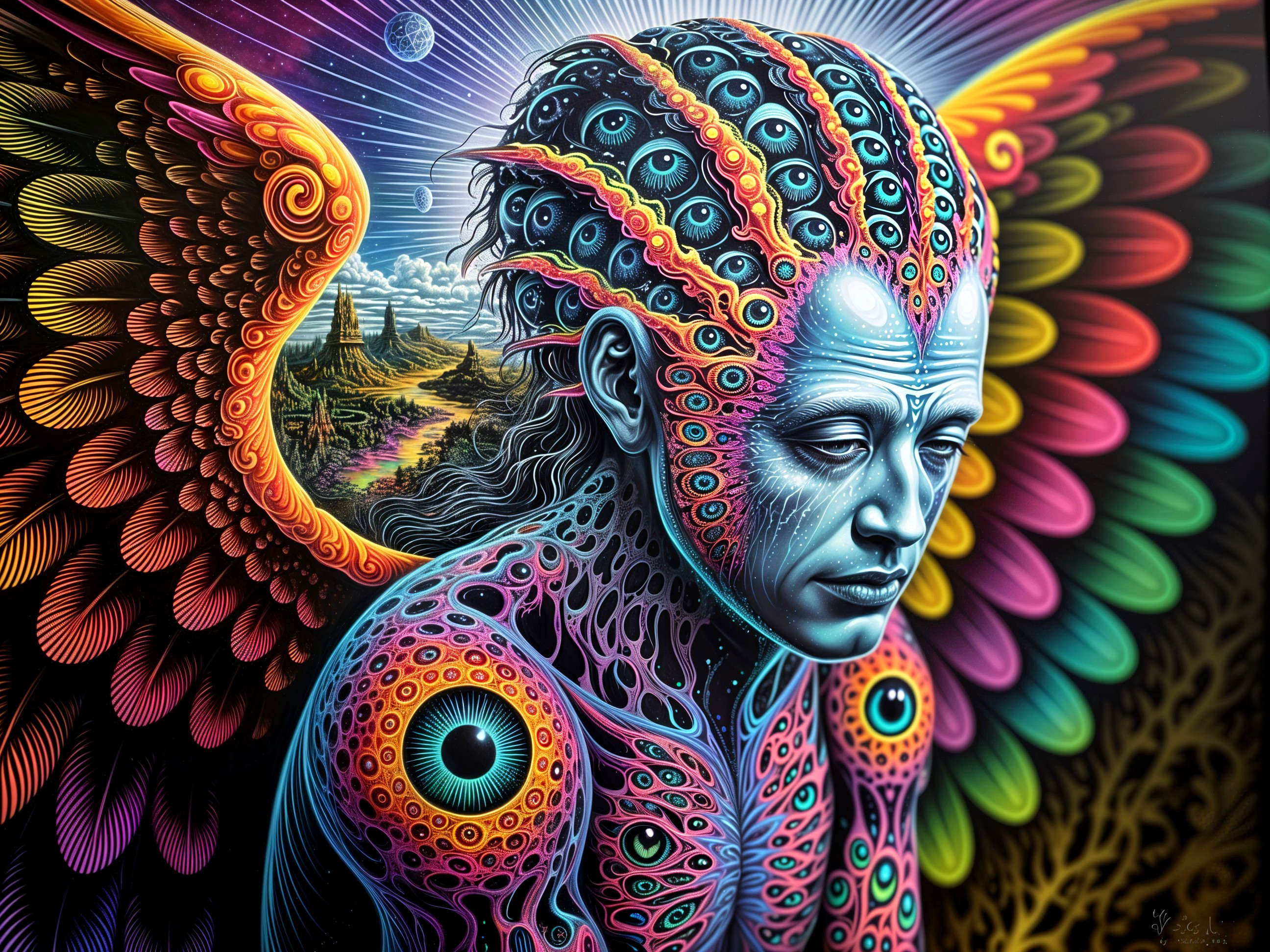 Surreal figure with iridescent skin and feathers