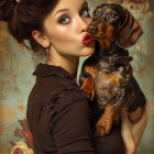 Woman with Styled Hair and Dachshund in Floral Setting