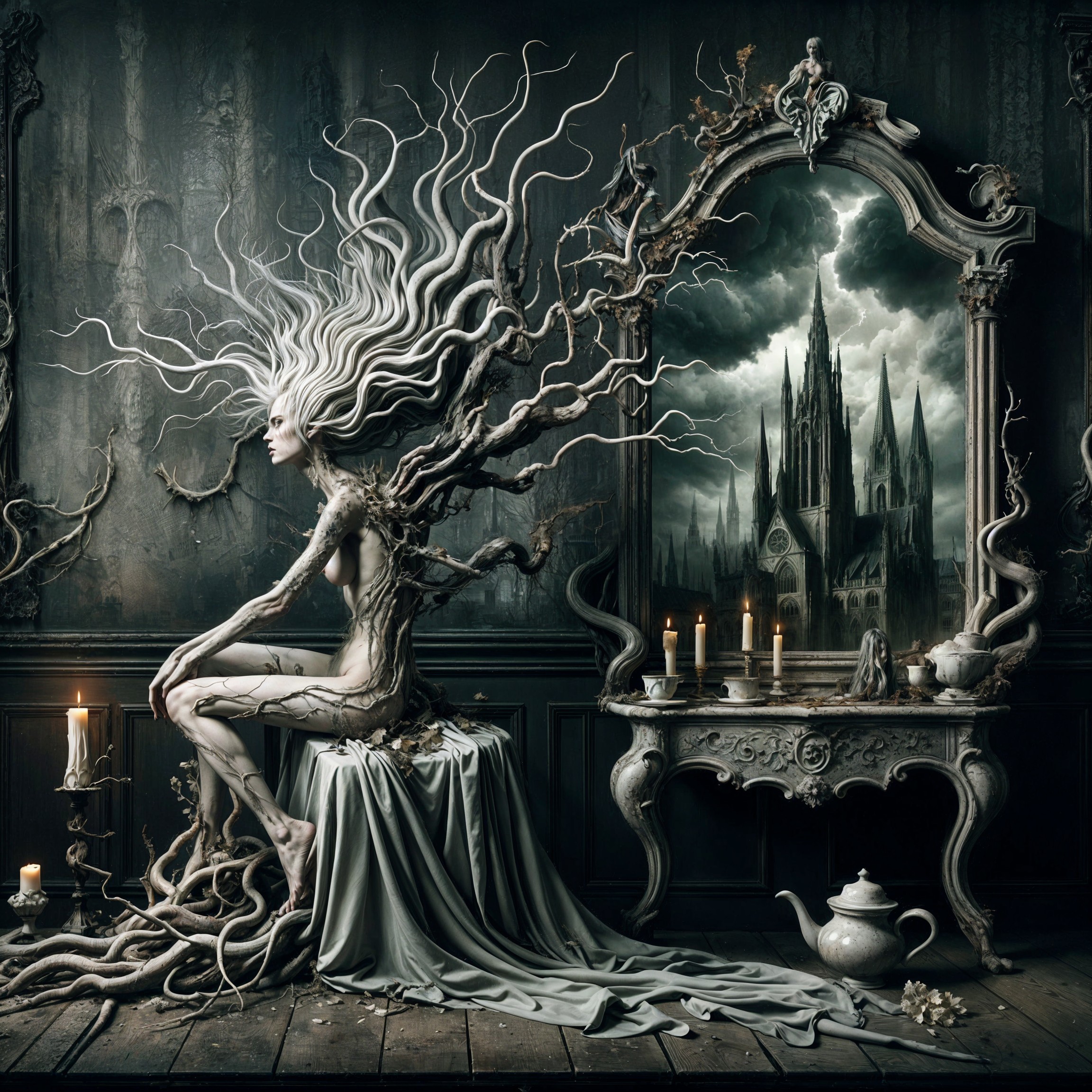 Surreal Figure Merging with Nature and Gothic Elements