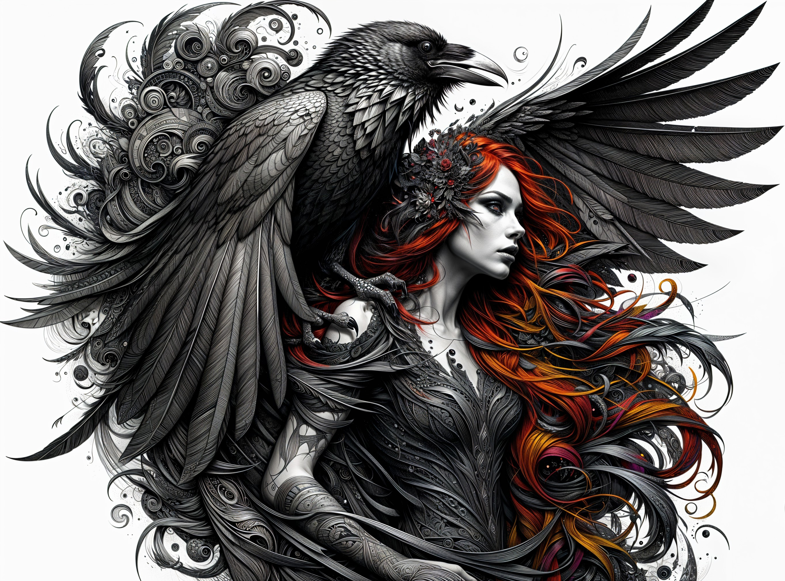 Woman with Red Hair and Raven in Mystical Setting