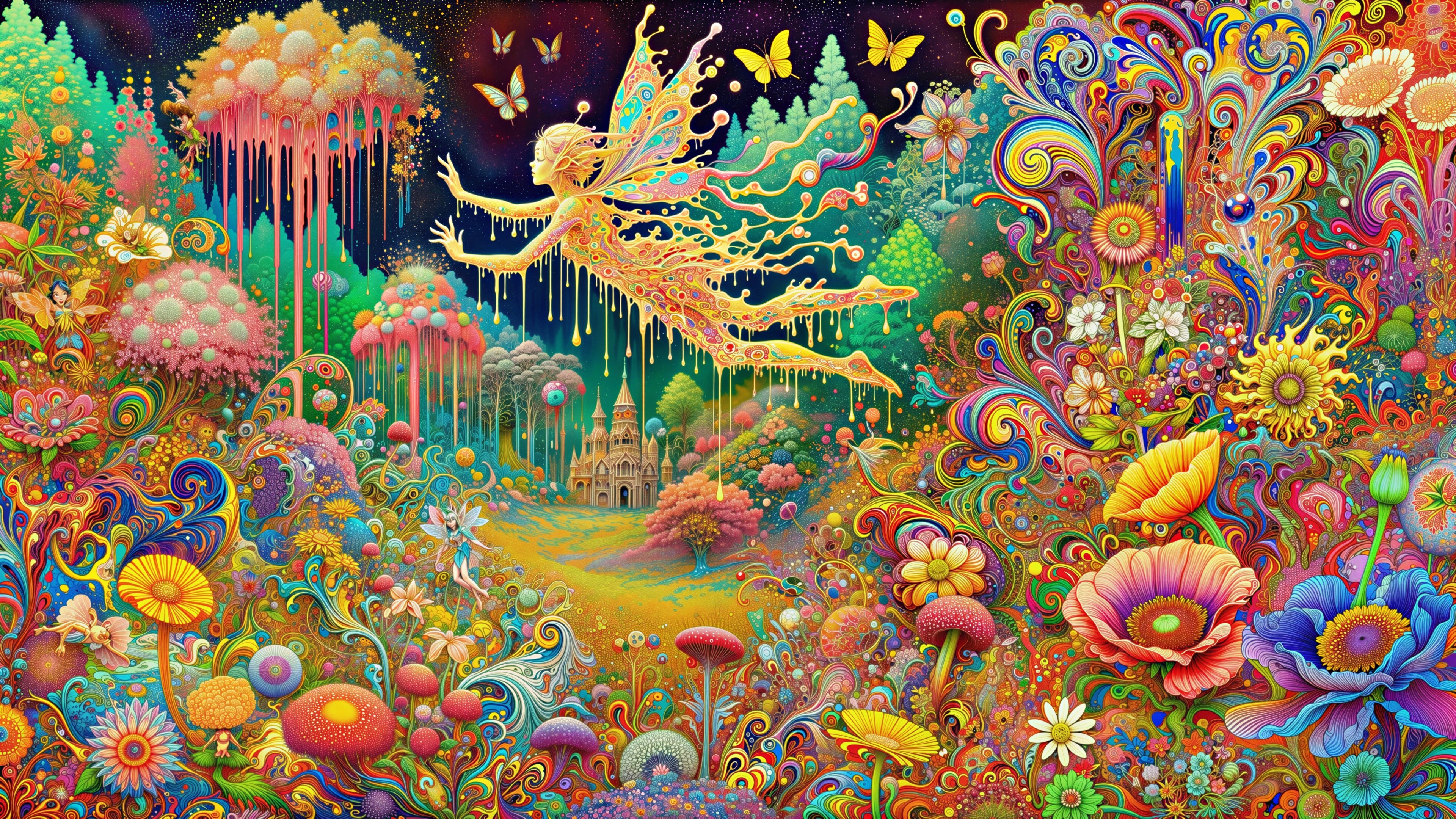 Vibrant Fantastical Landscape with Fairy and Castle