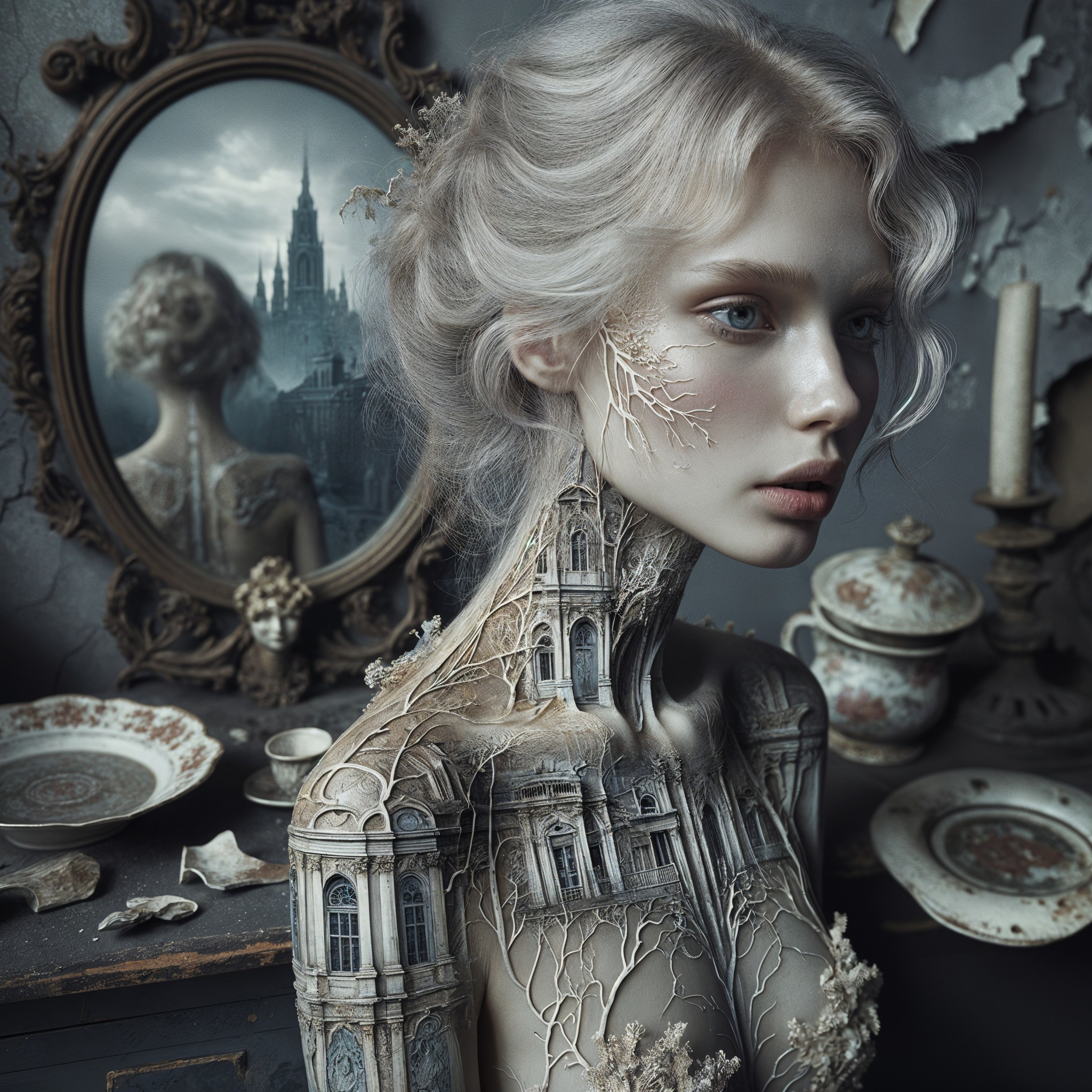 Surreal Portrait of Woman with Tree-Like Patterns