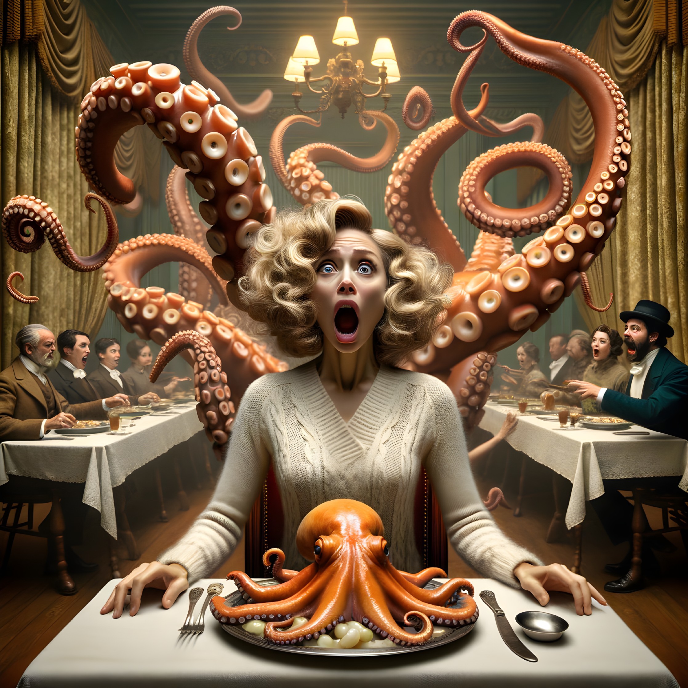 Dining Room Scene with Giant Octopus and Shocked Patron