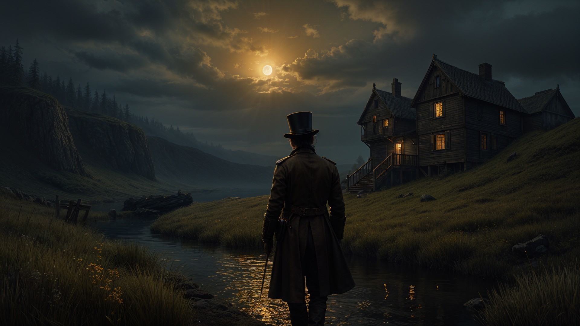 Mysterious Dusk Scene by a Serene River with Moonlight