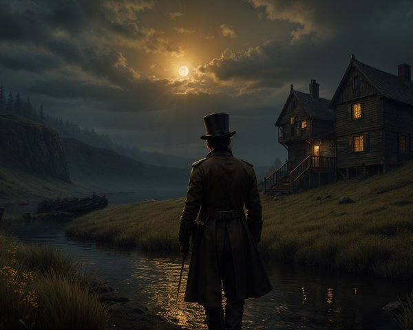 Mysterious Dusk Scene by a Serene River with Moonlight