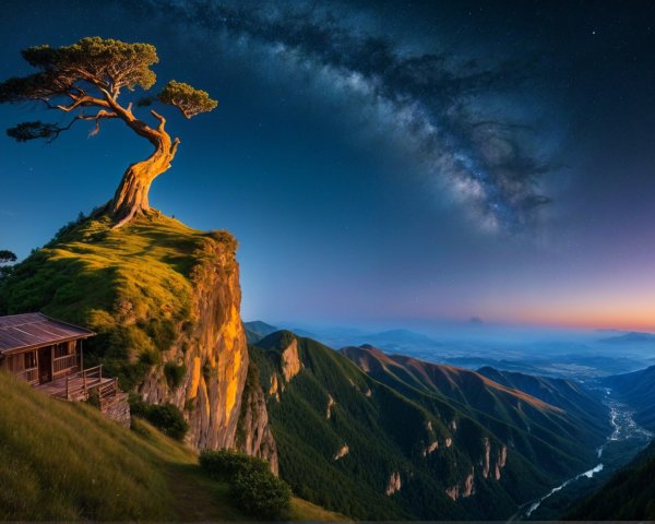 Solitary Tree on Cliff Overlooking Starry Valley