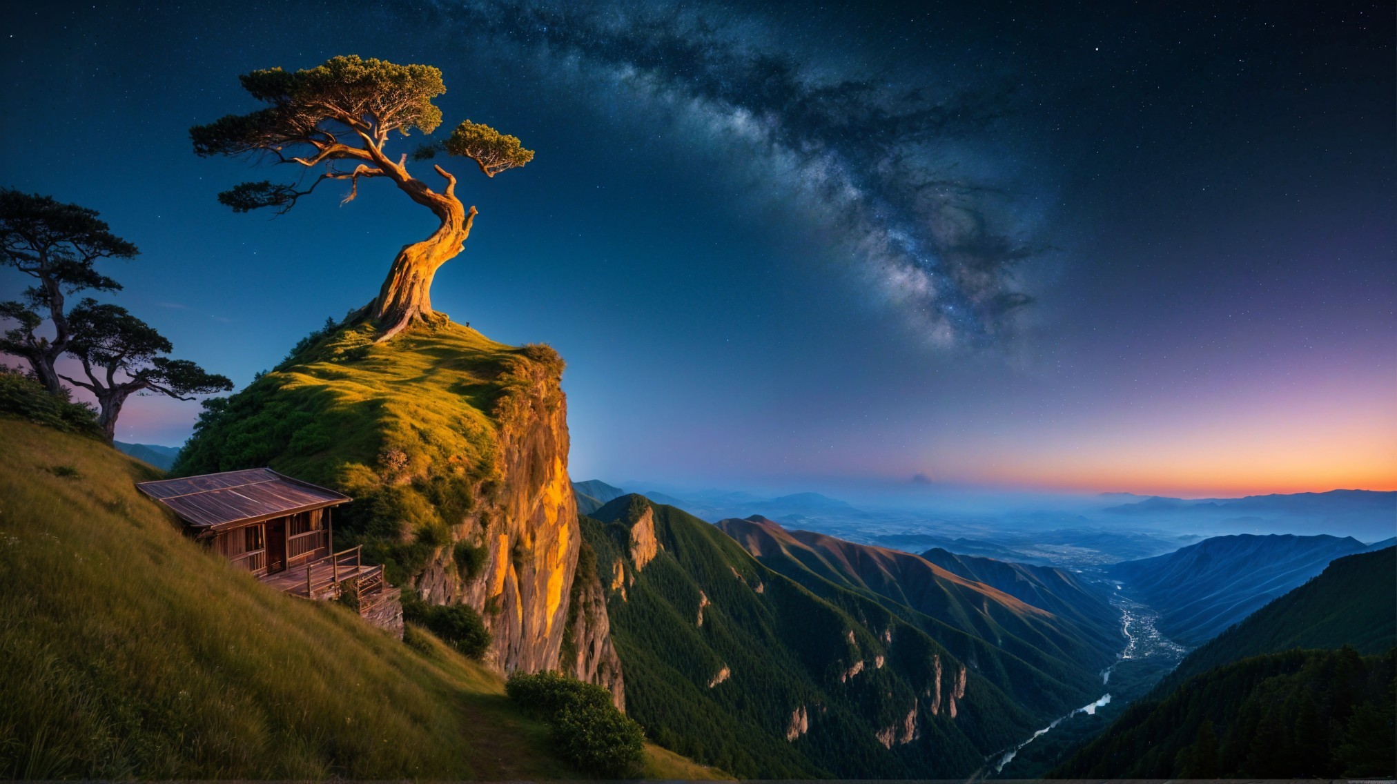 Solitary Tree on Cliff Overlooking Starry Valley