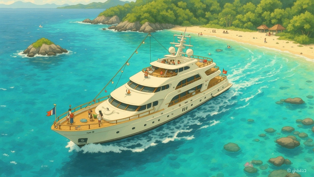 Luxurious Yacht in Turquoise Waters and Tropical Islands