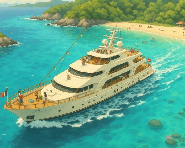 Luxurious Yacht in Turquoise Waters and Tropical Islands