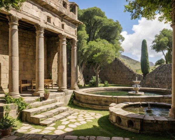Ancient Stone Courtyard with Fountain and Pond