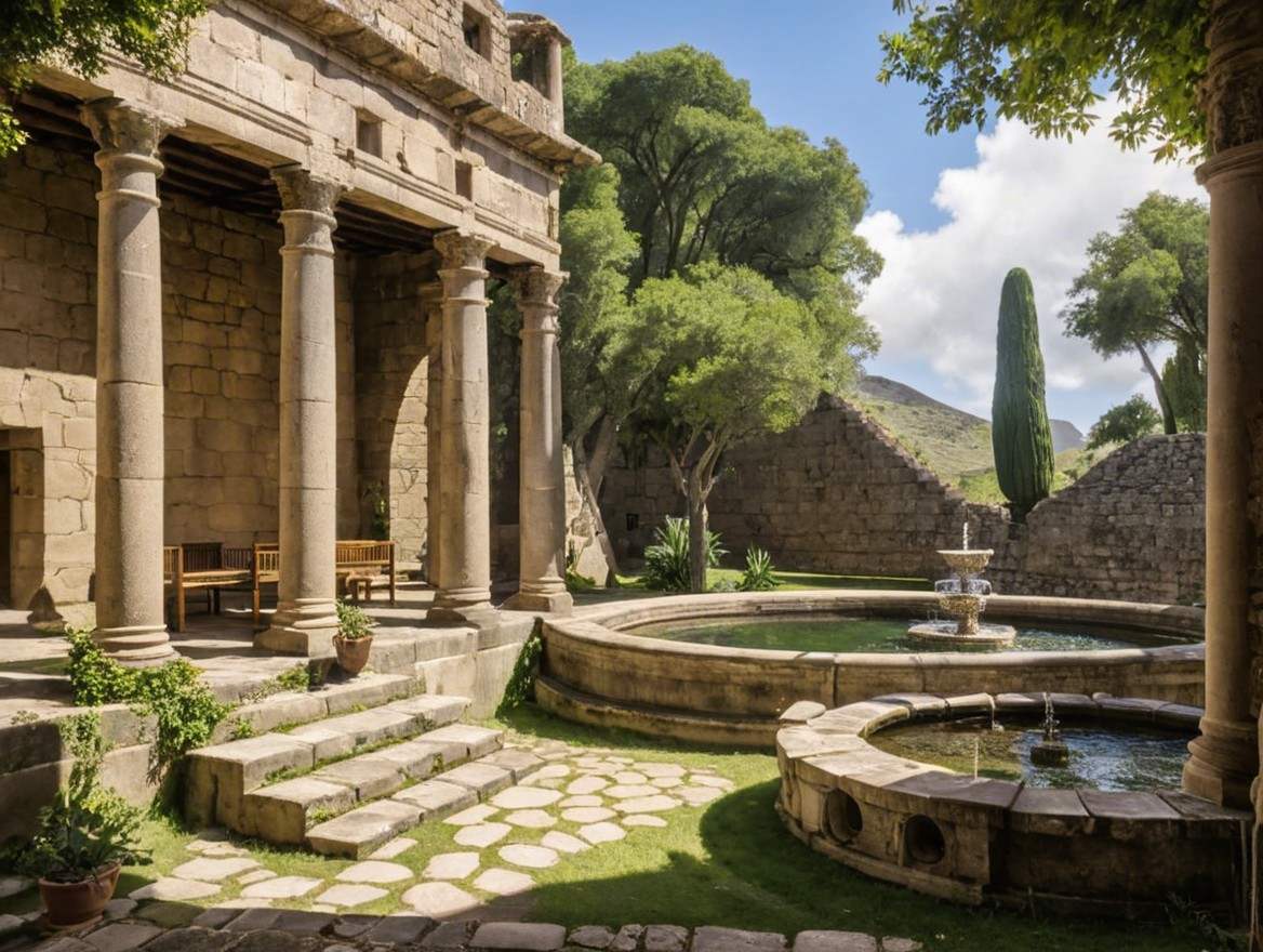 Ancient Stone Courtyard with Fountain and Pond