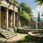 Ancient Stone Courtyard with Fountain and Pond