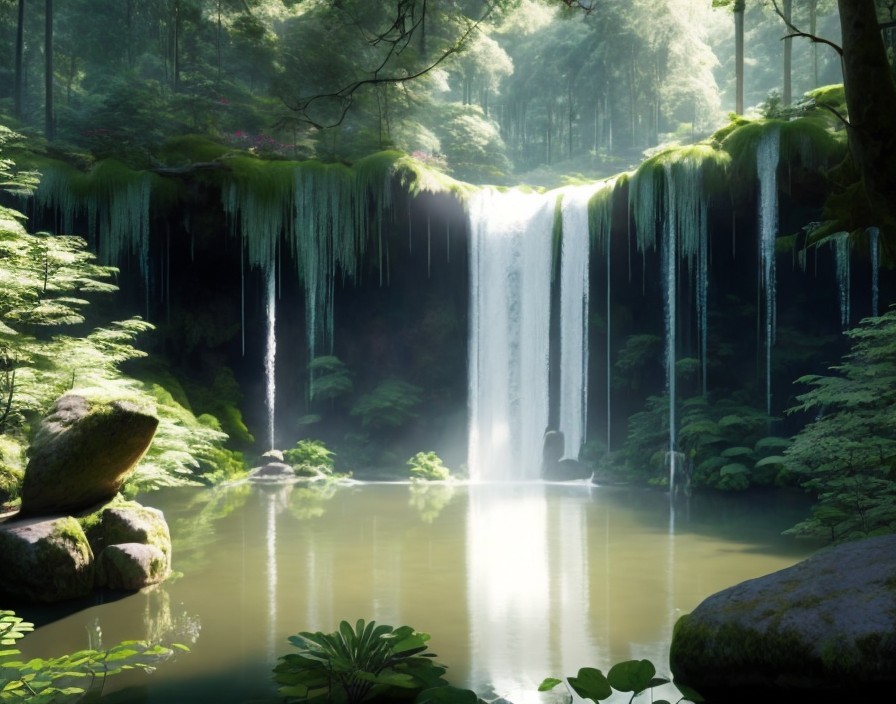 Serene Waterfall Surrounded by Lush Greenery