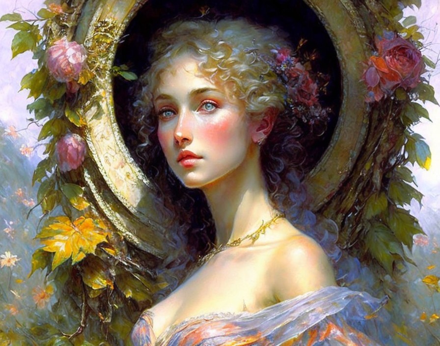 Young woman in floral frame with serene expression