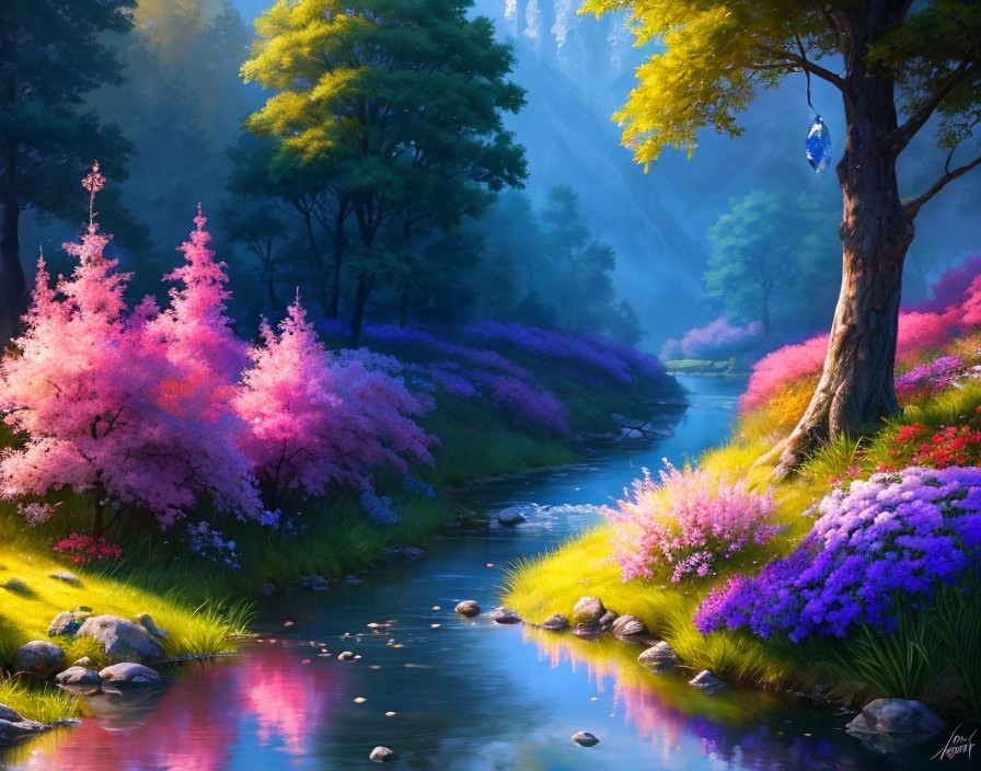 Tranquil Landscape with Flowers and Flowing Stream