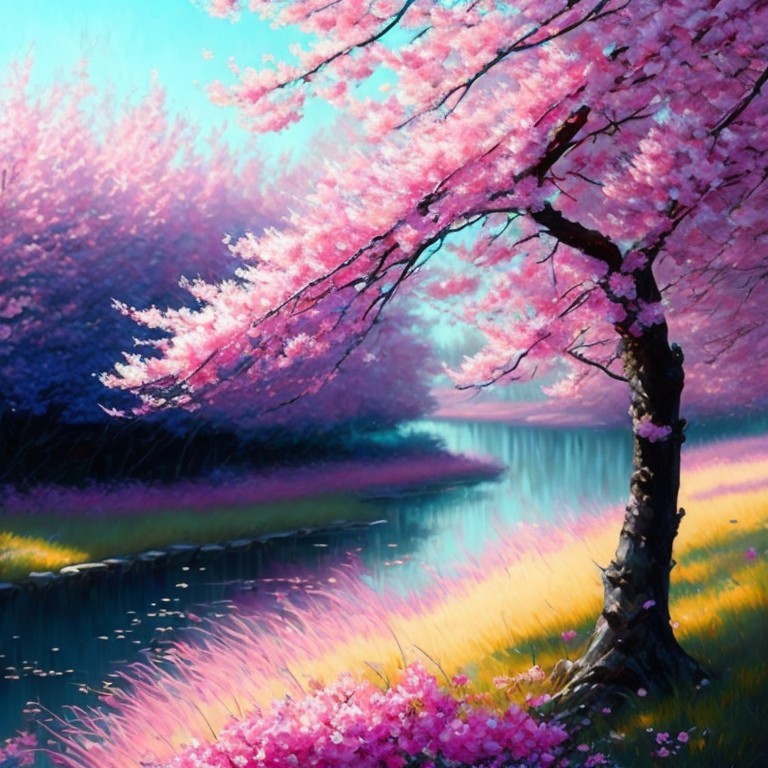Tranquil River with Cherry Blossom Trees Landscape