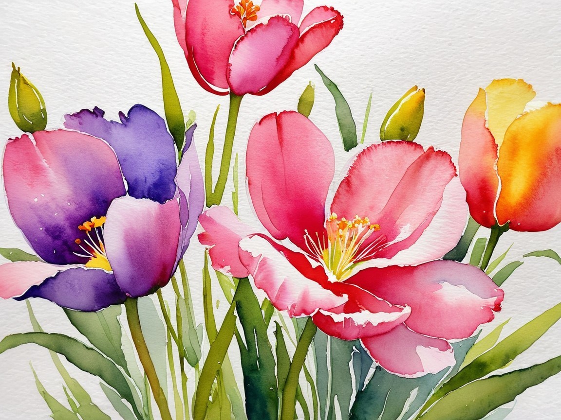 Vibrant Watercolor Bouquet of Red and Purple Flowers