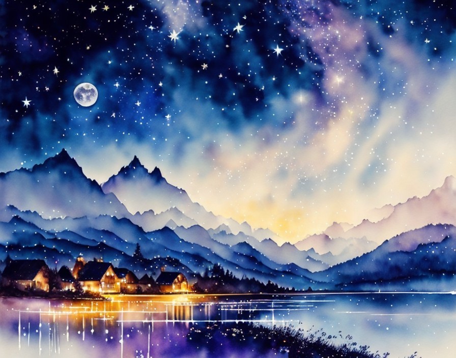 Tranquil Night Landscape with Lake and Mountains