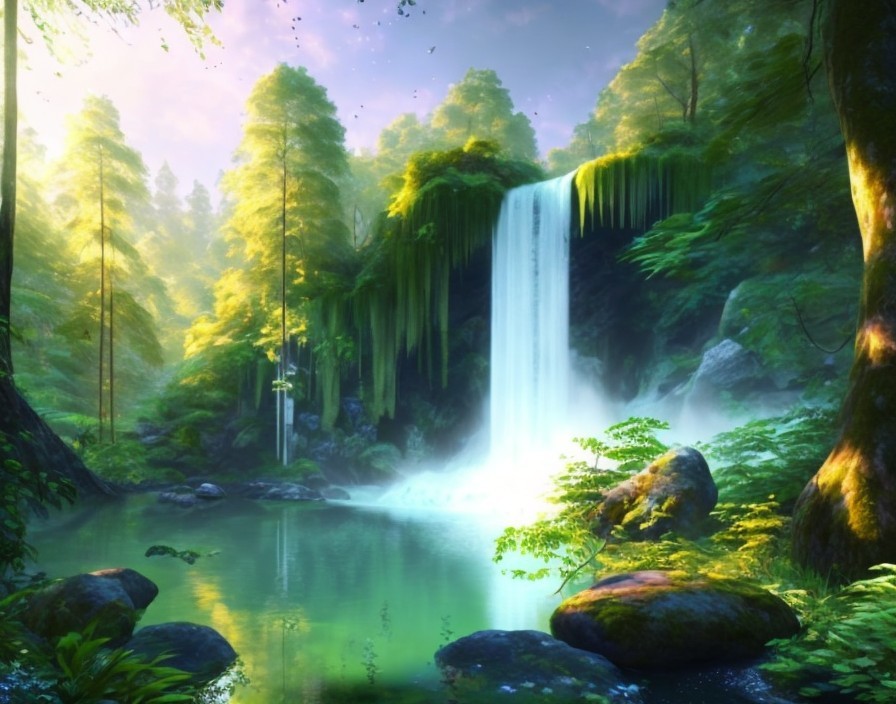 Majestic Waterfall in a Tranquil Green Landscape