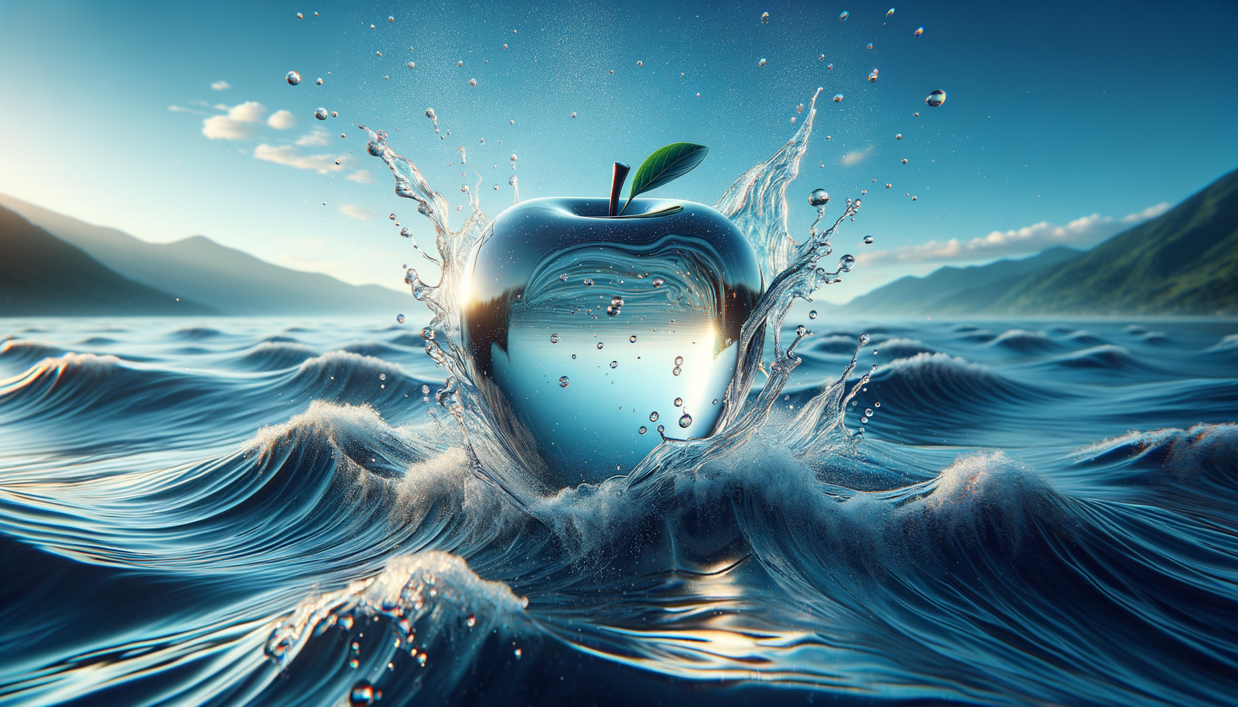 Shimmering apple-shaped sculpture by ocean waves