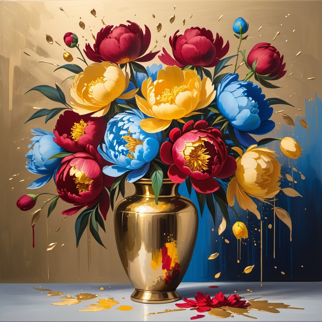 Vibrant Peony Bouquet in Glossy Gold Vase