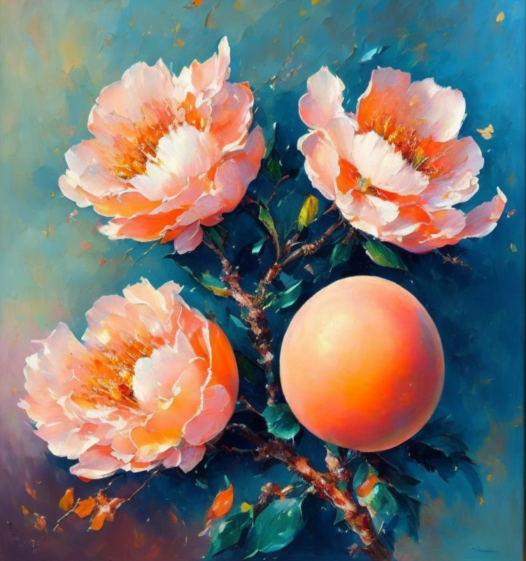 Vibrant Painting of Peach Flowers and Ripe Peach