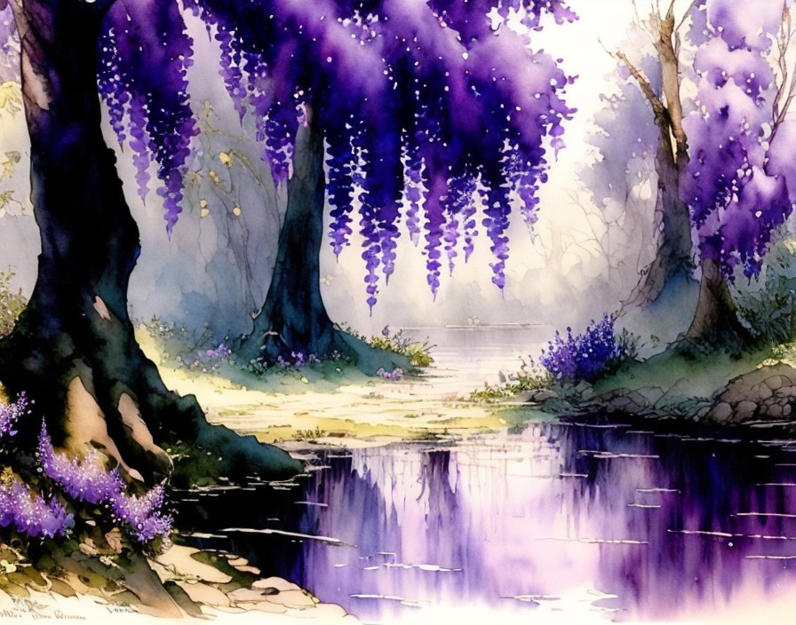 Serene landscape with purple blossoms and calm river