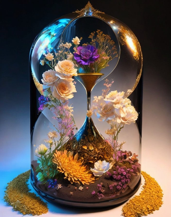 Glass Dome with Floral Arrangement and Hourglass Design