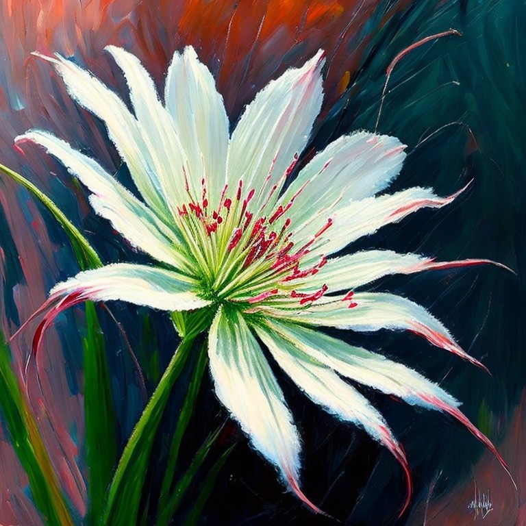 Vibrant painting of a white flower with red stamens