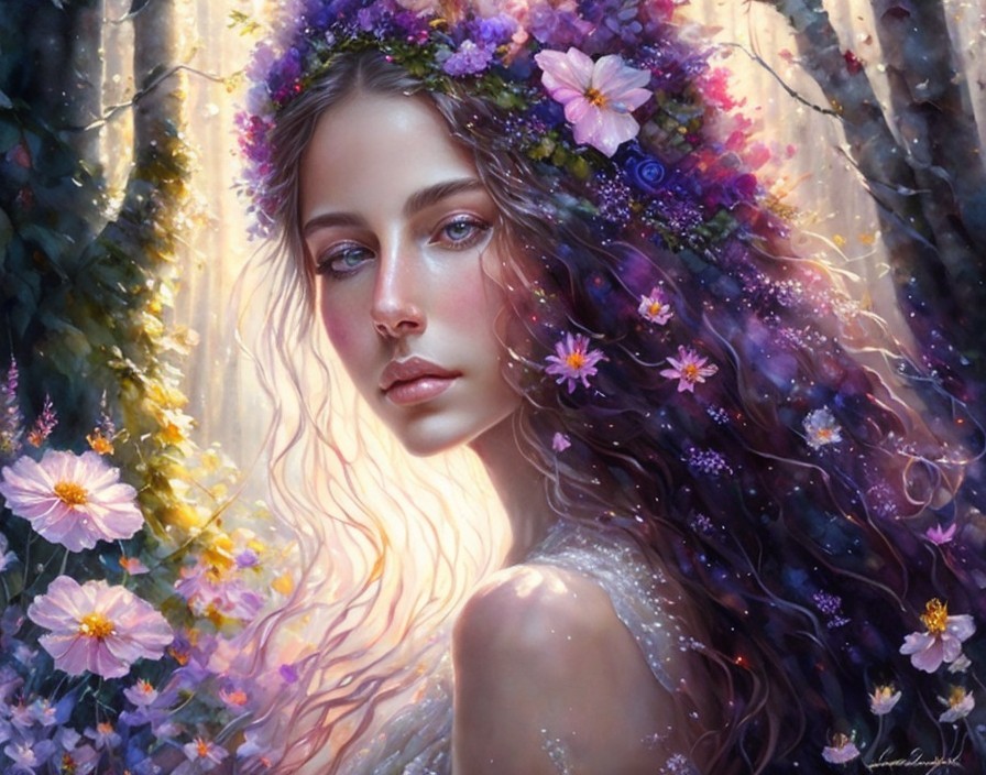 Young Woman in Flower-Adorned Forest Scene