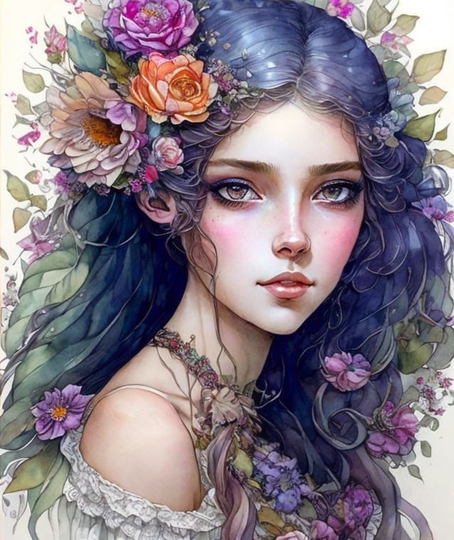 Portrait of a Young Woman with Flowers and Soft Features