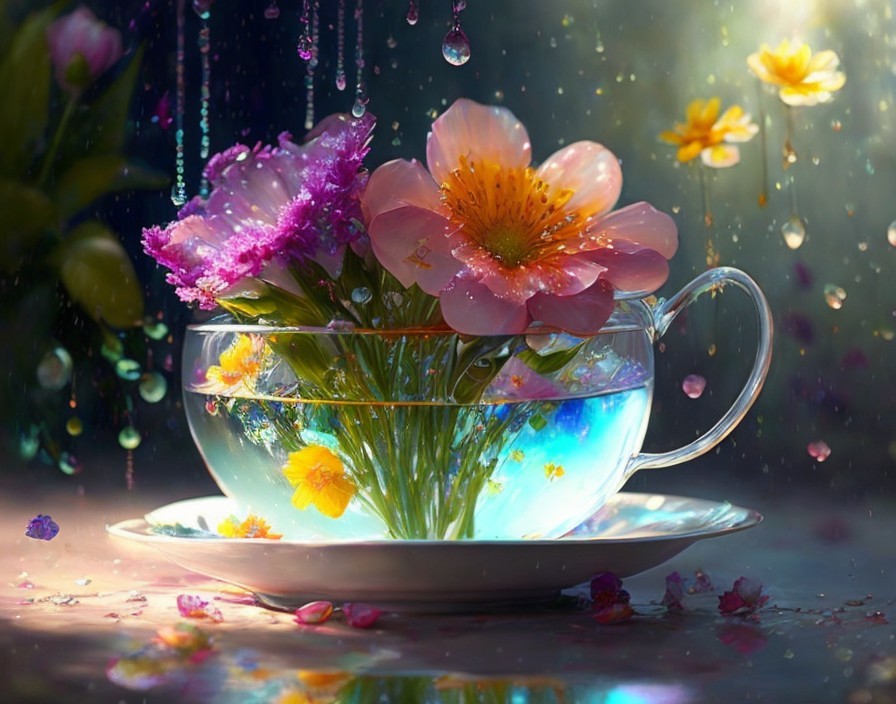 Glass Teacup with Colorful Flowers and Raindrops
