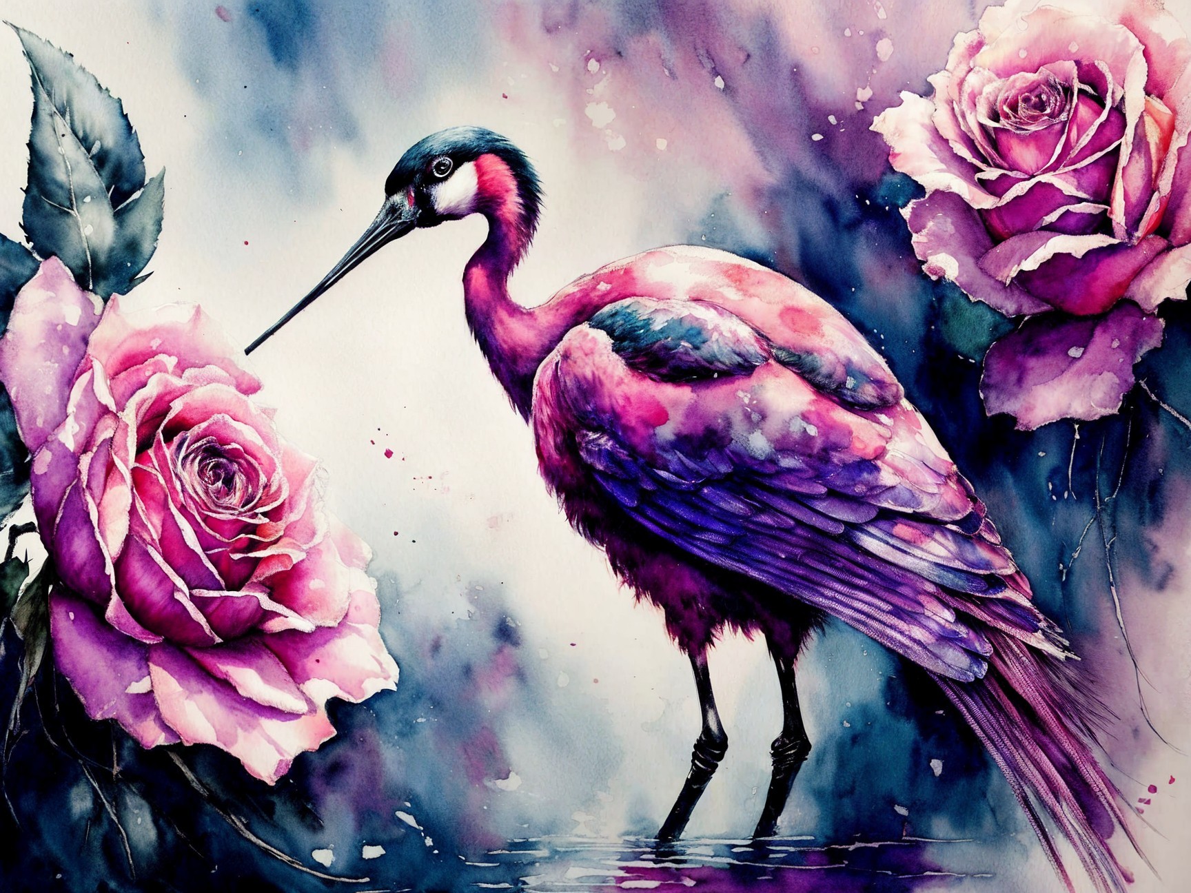 Vibrant Watercolor Painting of a Flamingo-like Bird