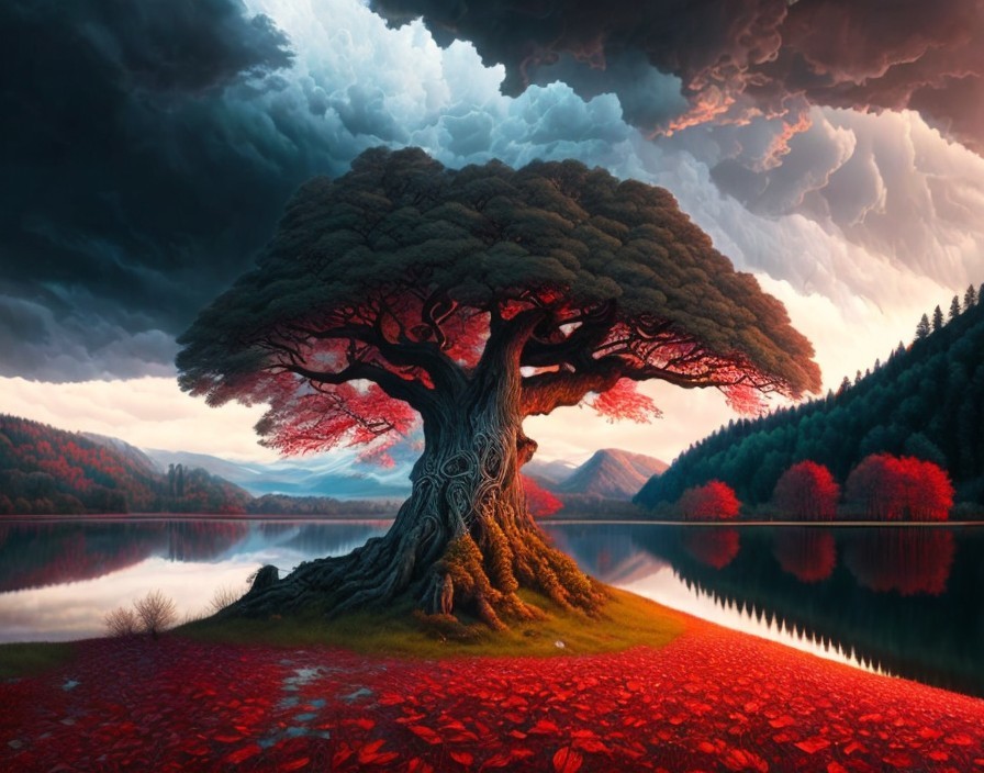 Majestic tree by tranquil lake with vibrant red leaves