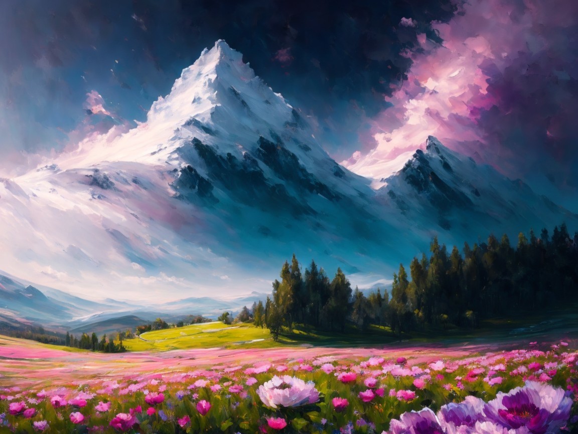 Snow-Capped Mountains and Cosmic Sky in Impressionism