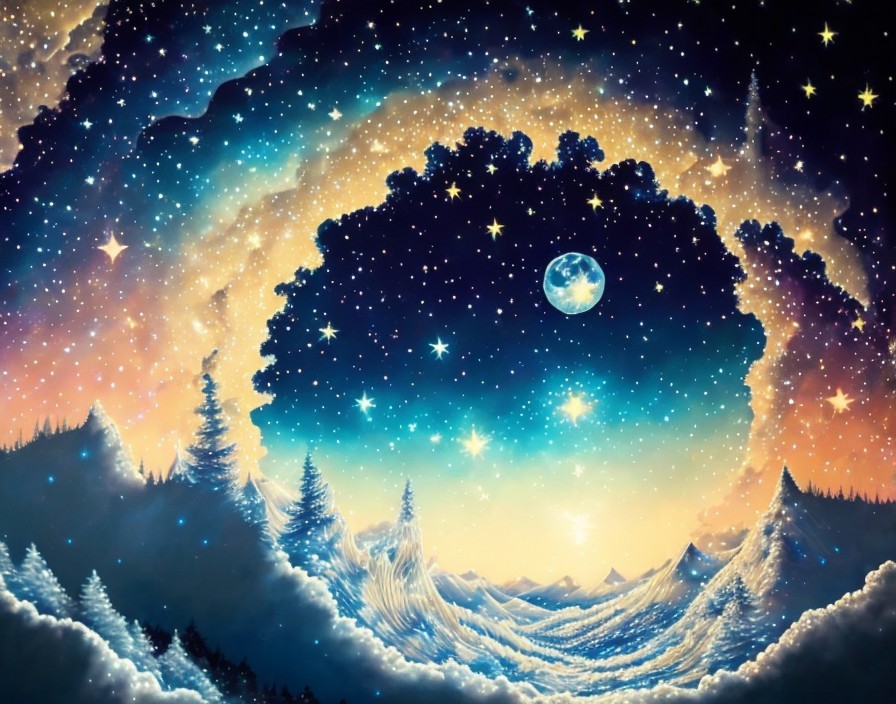 Vibrant Cosmic Landscape with Serene Mountains and Moon