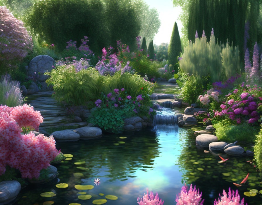 Serene garden scene with vibrant flowers and pond