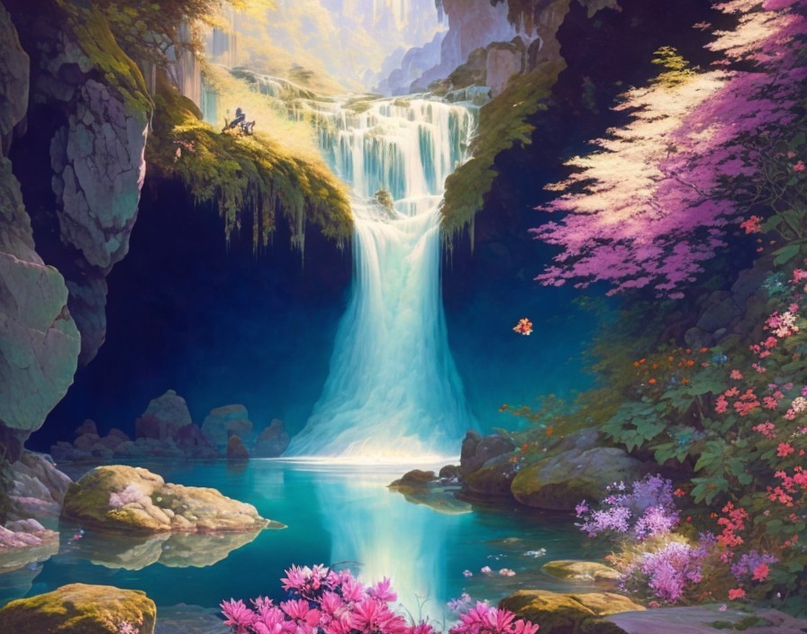 Serene Landscape with Waterfall and Vibrant Flora