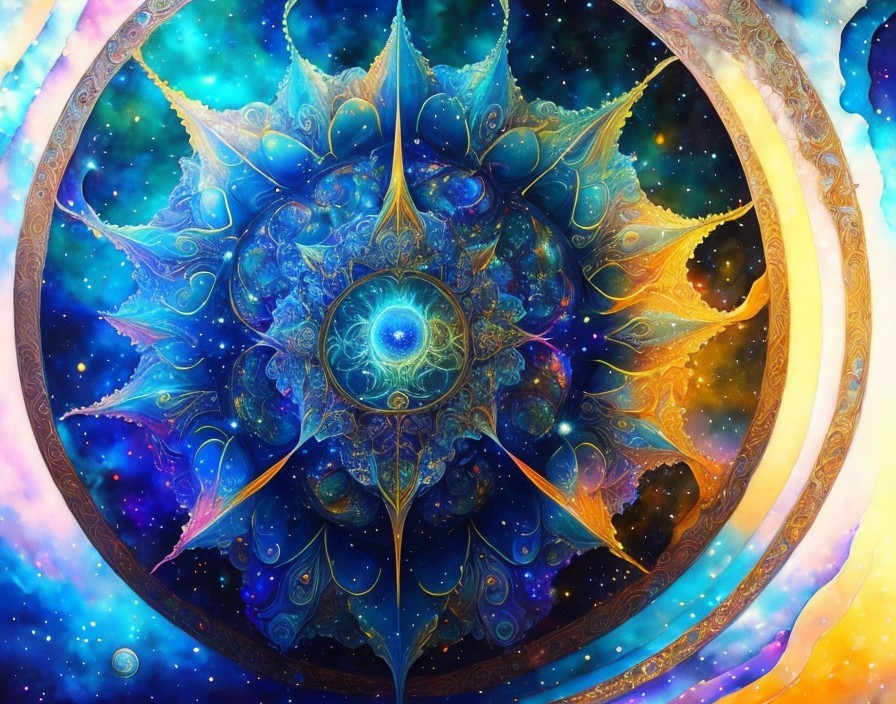Vibrant Mandala with Cosmic Backdrop and Stars
