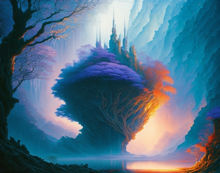 Mystical Landscape with Floating Island and Purple Trees