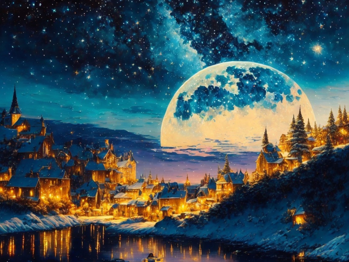 Winter Village at Night with Celestial Backdrop