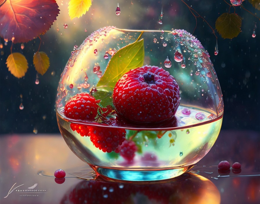 Glass Bowl with Raspberries and Leaves in Water